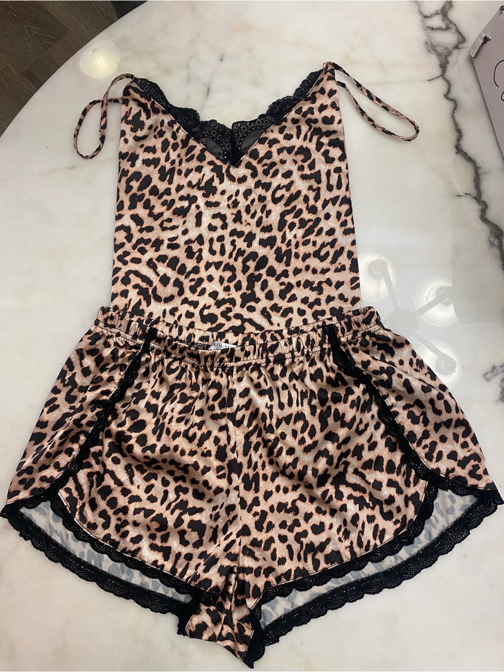 Leopard Satin Cami & Shorts Pajama Set - Pink with Black Lace